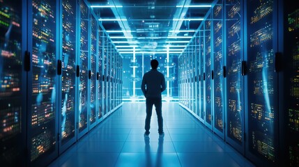 IT Engineer in big database server center office, High Speed Data Transfer, Server Transfer, Technology Science Breakethrough, Progress, Innovation Concept, AI generative