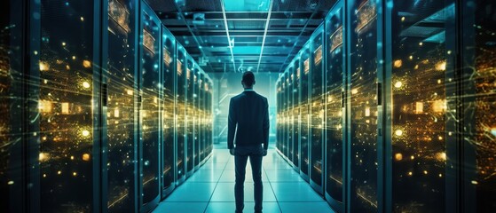 IT Engineer in big database server center office, High Speed Data Transfer, Server Transfer, Technology Science Breakethrough, Progress, Innovation Concept, AI generative