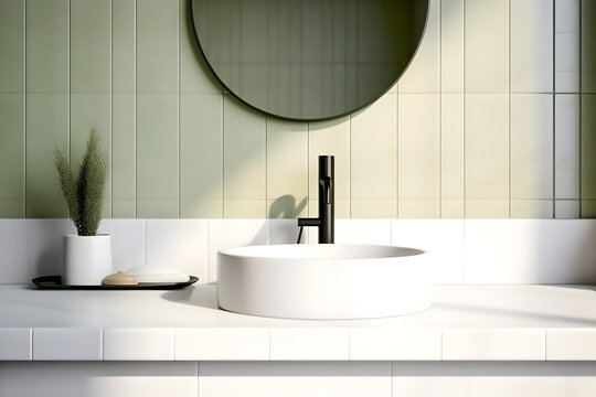 interior design of bathroom, empty white vanity counter with ceramic washbasin and faucet