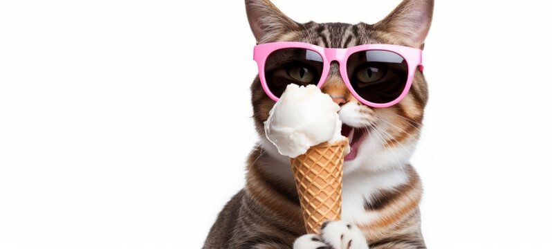 Funny animal pet summer holiday vacation photography banner - Closeup of cat with sunglasses, eating ice cream in cone, isolated on white background (Generative Ai)