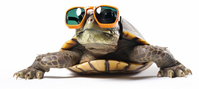 Funny animal summer holiday vacation photography banner - Closeup of turtle with sunglasses, isolated on white background (Generative Ai)