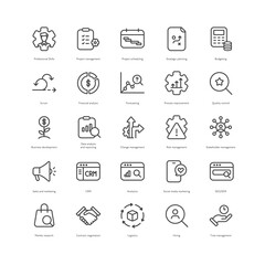 Outline style ui icons hard finance skill collection. Vector black linear icon illustration set. Project, professional, analysis symbol isolated on white background. Design for finance business