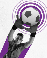 Young sportive man in sportswear playing football, soccer against abstract background. Contemporary...