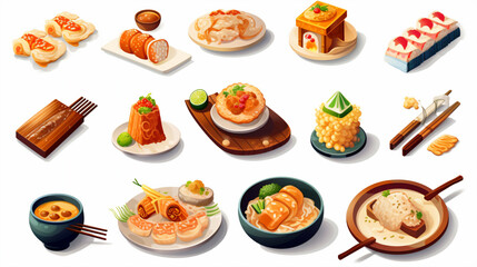 Japanese food icons set. Isometric set of japanese food vector icons for web design