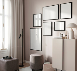 Frame mockup, Home interior background, living room in beige pastel colors, 3d render