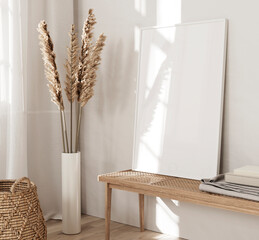 Frame mockup, Home interior background, Room in beige pastel colors, 3d render