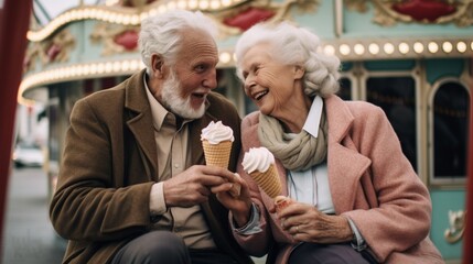 Concept: life and rest of pensioners. Cheerful elderly couple have fun in the amusement park eating ice cream. created by AI