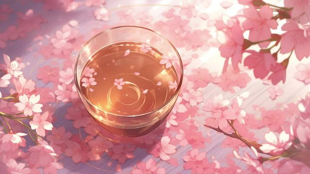A Steaming Cup of Tea on the Sakura Petals strewn Tablecloth, in the style of the anime art animation