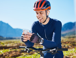 Cycling, break or happy man with phone on social media for sports, training or fitness workout...