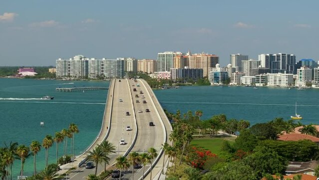 Sarasota city downtown with Ringling Bridge and expensive waterfront high-rise buildings in Florida. Urban travel destination in the USA