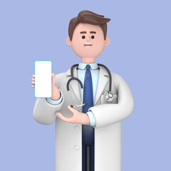 3D illustration of Male Doctor Lincoln holding smartphone and showing blank screen. Cute cartoon smiling confident demonstrating empty display phone.Medical presentation clip art isolated on blue back