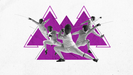 Sportive young man in full special uniform, training, fencing with sword on abstract background. Contemporary art collage.