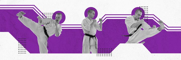 Young man, professional athelete in white kimono, training karate on abstract background. Contemporary art collage. © Lustre Art Group 