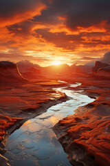 Astounding top view of the sun over a red desert. AI generative