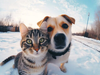 dog and a cat sitting together in a snowy landscape.