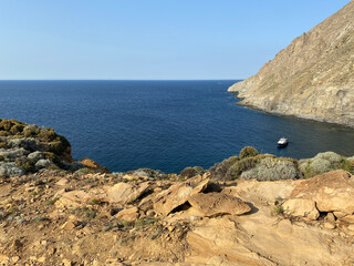 Fototapeta na wymiar Hide angle view of Blue bay (Mavi Koy) seascape next to Gokceada Yildiz Bay underwater national park. Imbros island, Canakkale, Turkey