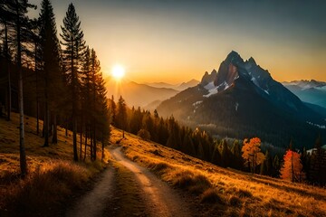 sunset in the mountains , autumn forest in the morning	
