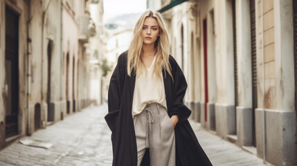 Obraz premium Portrait of a beautiful young adult woman wearing oversized style clothes in city street
