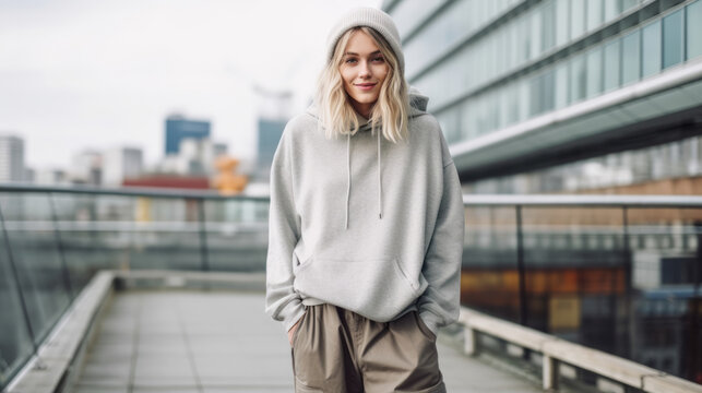Portrait of a beautiful young adult woman wearing oversized style clothes in city street