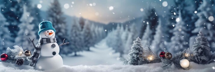 Christmas background with a snowman and copy space. Xmas trees, snow, decorative balls, holiday festive background.