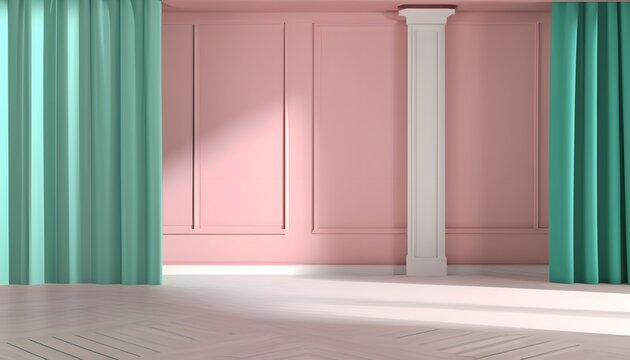 Empty Room With Luxury Interior Design Empty Room With Cavern Pink Wall, Pastel Green Wainscot, Turquoise Curtain, White Window, Baseboard In Sunlight, Shadow For  Decoration, Appliance Product Space 