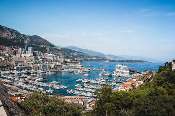 Fototapeta na wymiar Panoramic view of port in Monaco, luxury yachts in a row