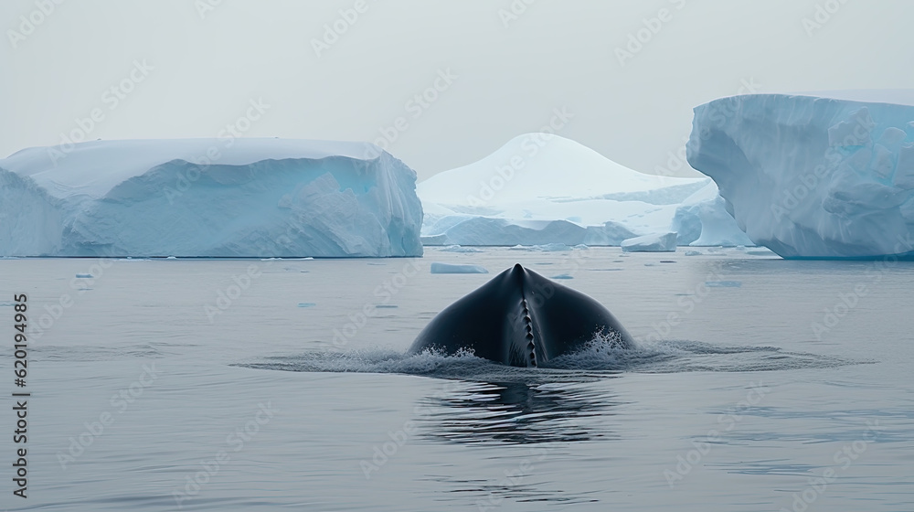 Wall mural a humpback whale emerges in the background are floating ice glaciers . generative ai