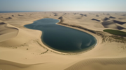 aerial view of a lake in a desert between sand dunes. Generative AI