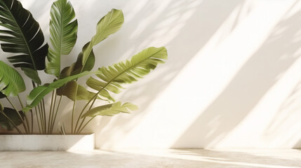 Tropical plant in pot on white wall background. 3d rendering