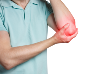 Man feeling a pain in his elbow, cut out