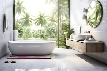 Fototapeta premium interior design of Modern bathroom interior with wooden decor in eco style. created generative AI