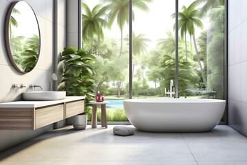 Fototapeta premium interior design of Modern bathroom interior with wooden decor in eco style. created generative AI