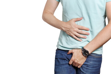 Man wanting to the toilet and holding his groin, cut out