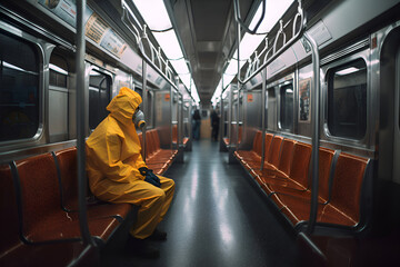 Obraz premium A man in a protective suit and respirator rides in public transport, Generative AI 2
