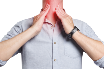Man touching his neck, having a throat irritation, cut out