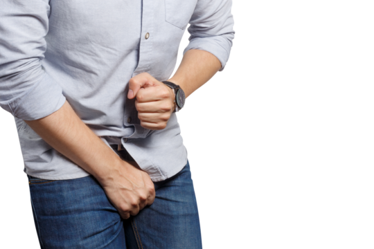 Man wanting to the toilet and holding his groin, cut out