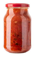 Ready-to-use tomato and tuna sauce in glass jar isolated