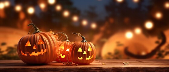 Halloween pumpkin with lantern on wooden with bokeh background at night, Generative ai