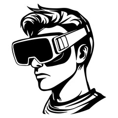 Person in virtual reality headset. VR headset goggles. Virtual reality art icon, symbols, logo, illustrations, signs, doodles for web, business, online. Vector illustration, technology and innovation
