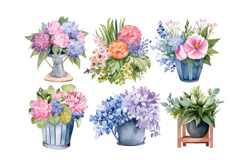 Naklejka na ściany i meble Set of images for the flower shop in watercolor. Vector illustration design.