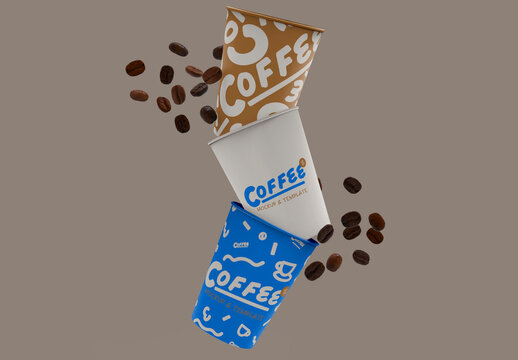 3d Three Flying Coffee Cup Mockup with Coffee Beans