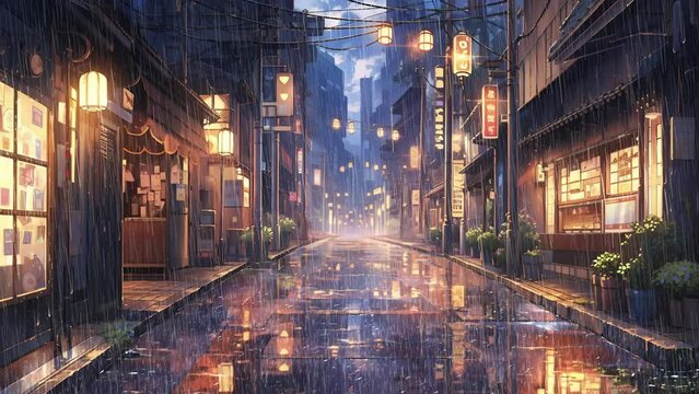 A Rainy Alleyway Lined with Neon Signs and Reflections, anime-style loop animation