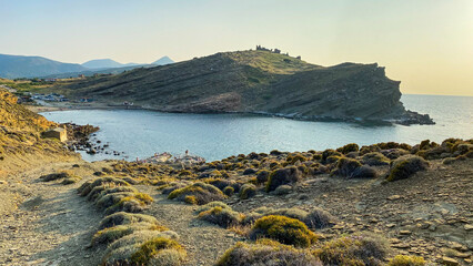 High angle view of Yildizkoy beach in Gokceada-Imbros island. Yildizkoy coast is the one of popular beach in Gokceada. Canakkale, Turkey
