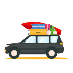 Black car with things goes on vacation. Suitcases, a surfboard, a backpack, a ball are fixed on the roof. Vector graphic.