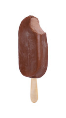 Delicious bitten chocolate-glazed ice cream bar isolated on white, top view