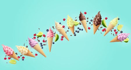 Obraz premium Delicious different ice cream, raspberries, blueberries, pieces of lime and chocolate falling on light blue background