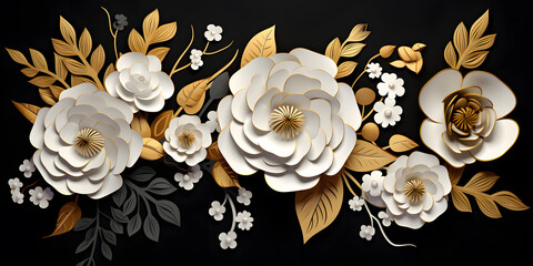 abstract black and gold and white floral pattern background, generative ai
