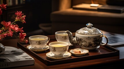 Obraz na płótnie Canvas Chinese Tea Ceremony, Service for Tea, Porcelain Teacups, Generative AI