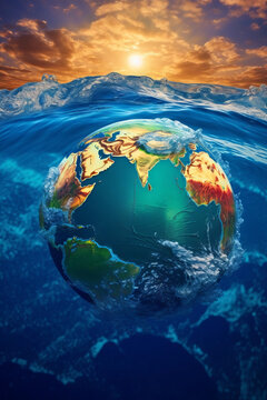 Globe of earth swimming in the sea