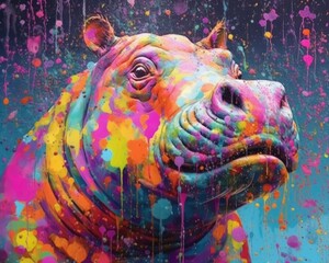 Obraz premium hippo form and spirit through an abstract lens. dynamic and expressive hippo print by using bold brushstrokes, splatters, and drips of paint. hippo raw power and untamed energy 